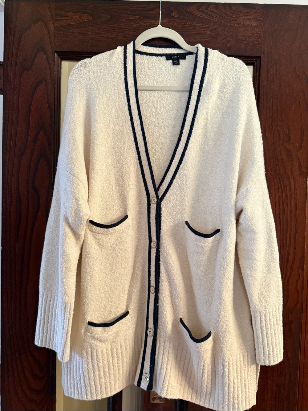 JCREW  COZY Cream Knit boucle Cardigan with Navy Trim SIZE M/L